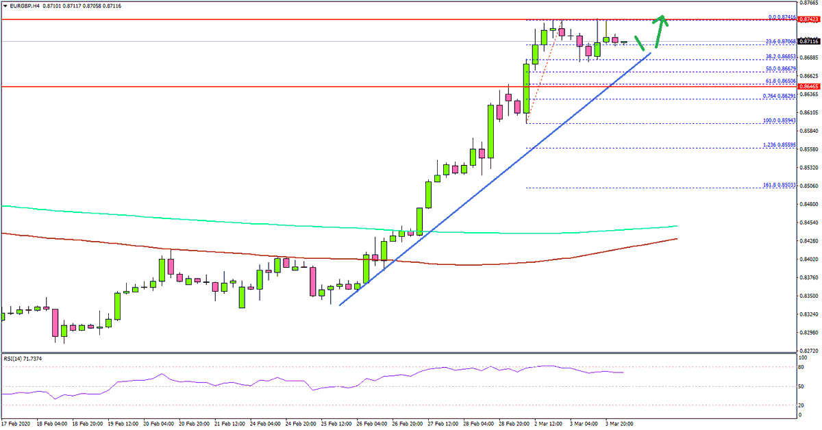 forexbrokerhub's tweet photo. Euro Rallies Vs USD And GBP, Dollar Under Pressure After Fed Rate Cut

EUR/GBP rallied recently above the 0.8600 and 0.8700 resistance levels.
A key bullish trend line is forming with support near 0.8660 on the 4-hours chart.
The Euro Zone CPI increased 1.2% in Feb 2020 (Prelim) https://t.co/gJTSXxbn0n