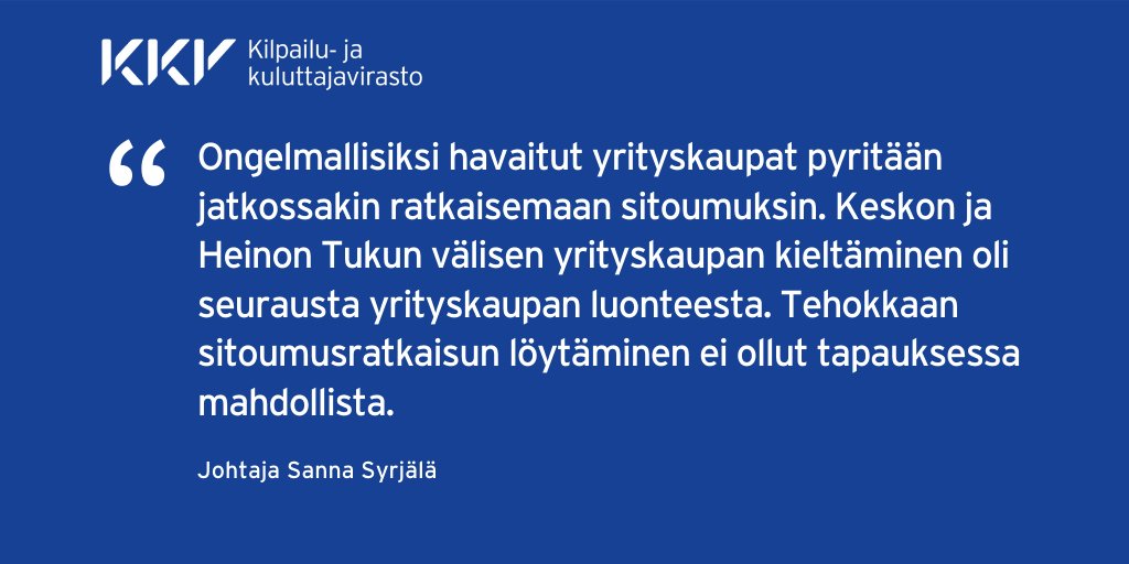 Yrityskauppavalvonnan johtaja Sanna Syrjälä kertoo paljon keskustelua herättäneestä Kesko/Heinon Tukku -päätöksestä Ajankohtaista kilpailusta -blogissamme.

➡️ajankohtaistakilpailusta.fi/2020/03/04/mar…

#kilpailuoikeus #yrityskauppavalvonta