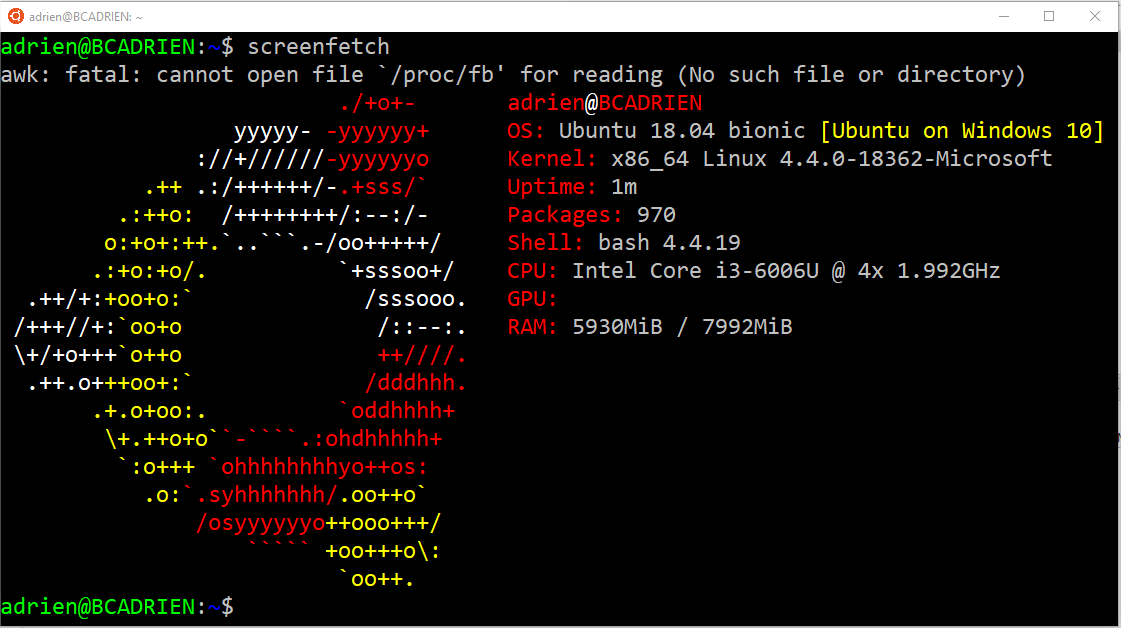 _adriend_'s tweet image. Voici la config du boulot :D #screenfetch #ubuntu #kernelMicrosoft #windows10