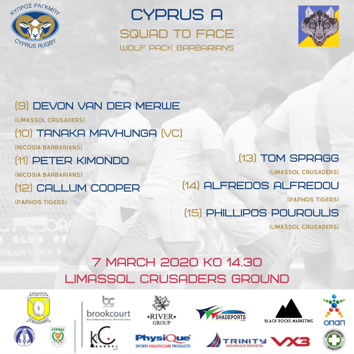 Cyprus_Rugby's tweet photo. 🏉 3 DAYS TO GO!
Here is your Cyprus A side to face Wolf Pack Barbarians on Saturday.
Show them some love!
Ela Kypros🇨🇾🏉💪
#CyprusRugby #Mouflons #MightyMouflons #rugby #KOA #Cyprus #Οπαπ #TrinityInsurance #VX3 #Physiquemgmt #CyprusOlympic #BlackRocksMarketing https://t.co/rsOvVTPh5U