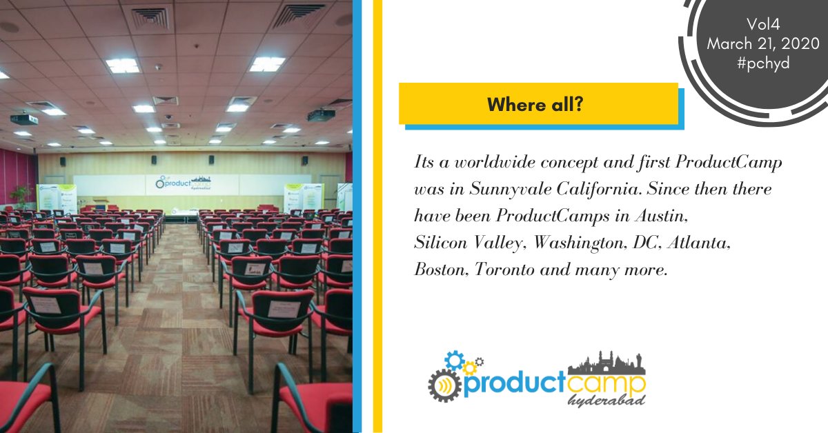 ProductCamp is a free, user-driven, collaborative "unconference" for Product Professionals. ProductCamps are in almost every major city in the U.S., and many cities around the world including London, Vancouver, Sydney, Melbourne, and many more.
productcamphyd.com
#pchyd #pch