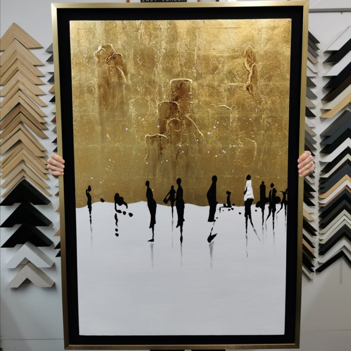 Stretched canvas, floated on a stretched fabric backing in gold #gold #boxframe #stretching #canvas #canvasstretching #pictureframing #customframing #bespoke #bespokeframing #boxframe #artglass #london #hackney #hackneyroad #shoreditch #raysframes