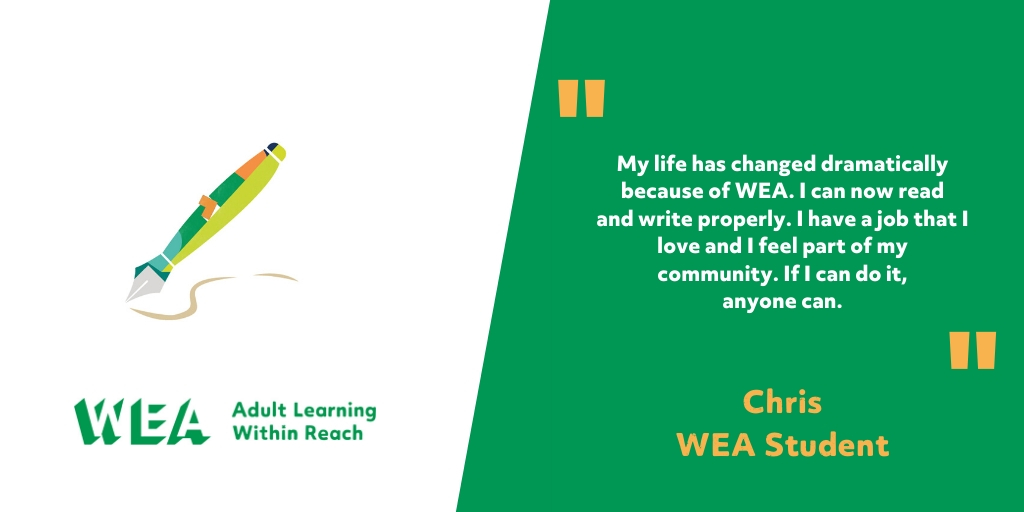 WEAadulted's tweet photo. #WednesdayWisdom "My life has changed dramatically because of WEA. I can now read and write properly. I have a job that I love and I feel part of my community. If I can do it, anyone can." - Chris, WEA student.
Learn more about Chris here: https://t.co/NtEdDNWHwB https://t.co/M8dyB9Gvsn
