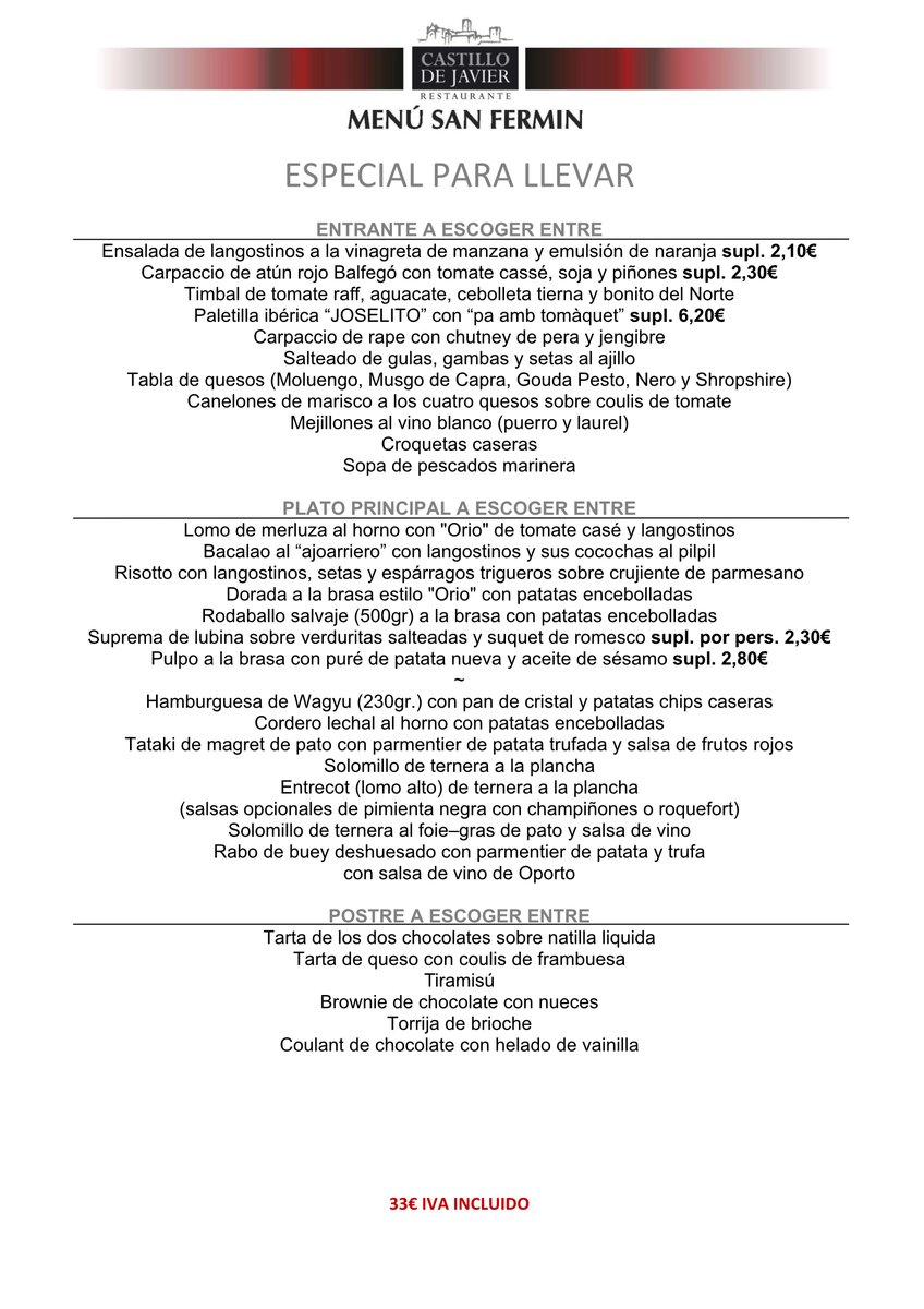 RCastilloJavier's tweet photo. Disfruta la cocina de Castillo de Javier, en la comodidad de tu hogar, con este fantástico menú que os hemos preparado. ✨🍽✨
⠀
#restaurante #restaurant #castillodejavier #encasa #Salou https://t.co/dfvPkt5kce