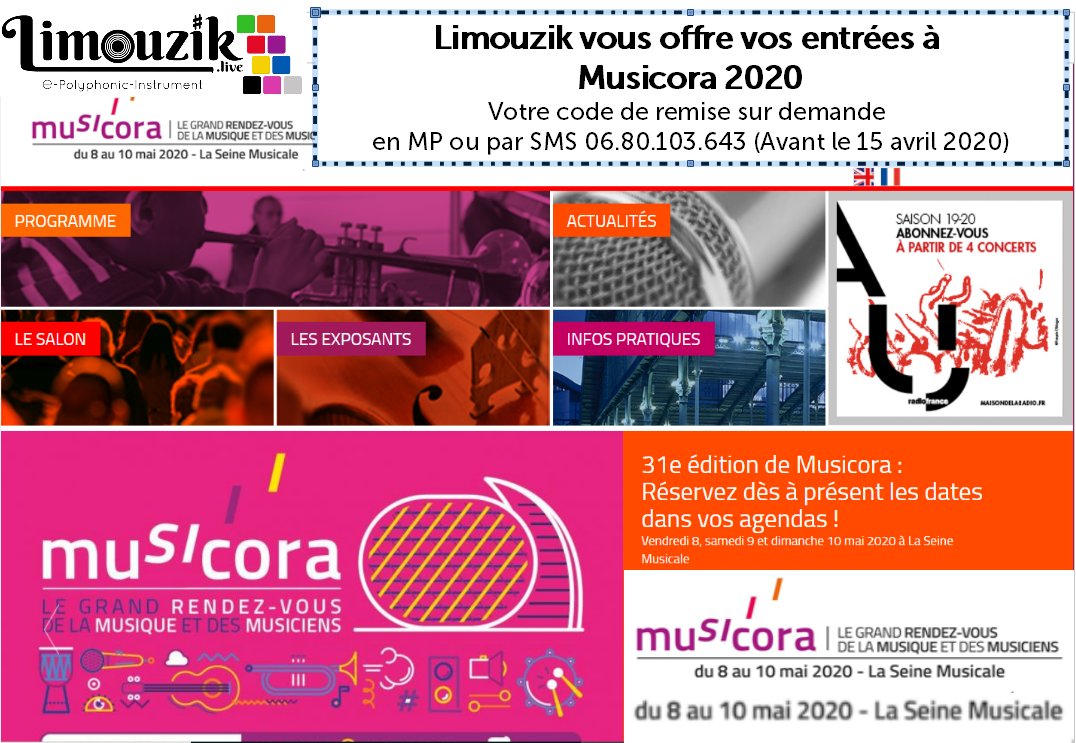 Limouzik's tweet photo. @Limouzik vous offre votre entrée à @Musicora_Paris 2020. Demandez votre CODE en MP ou SMS au 06.80.103.643 (Avant le 15 avril 2020) Pavillon de l'éducation musicale. https://t.co/KA6y2kDyde