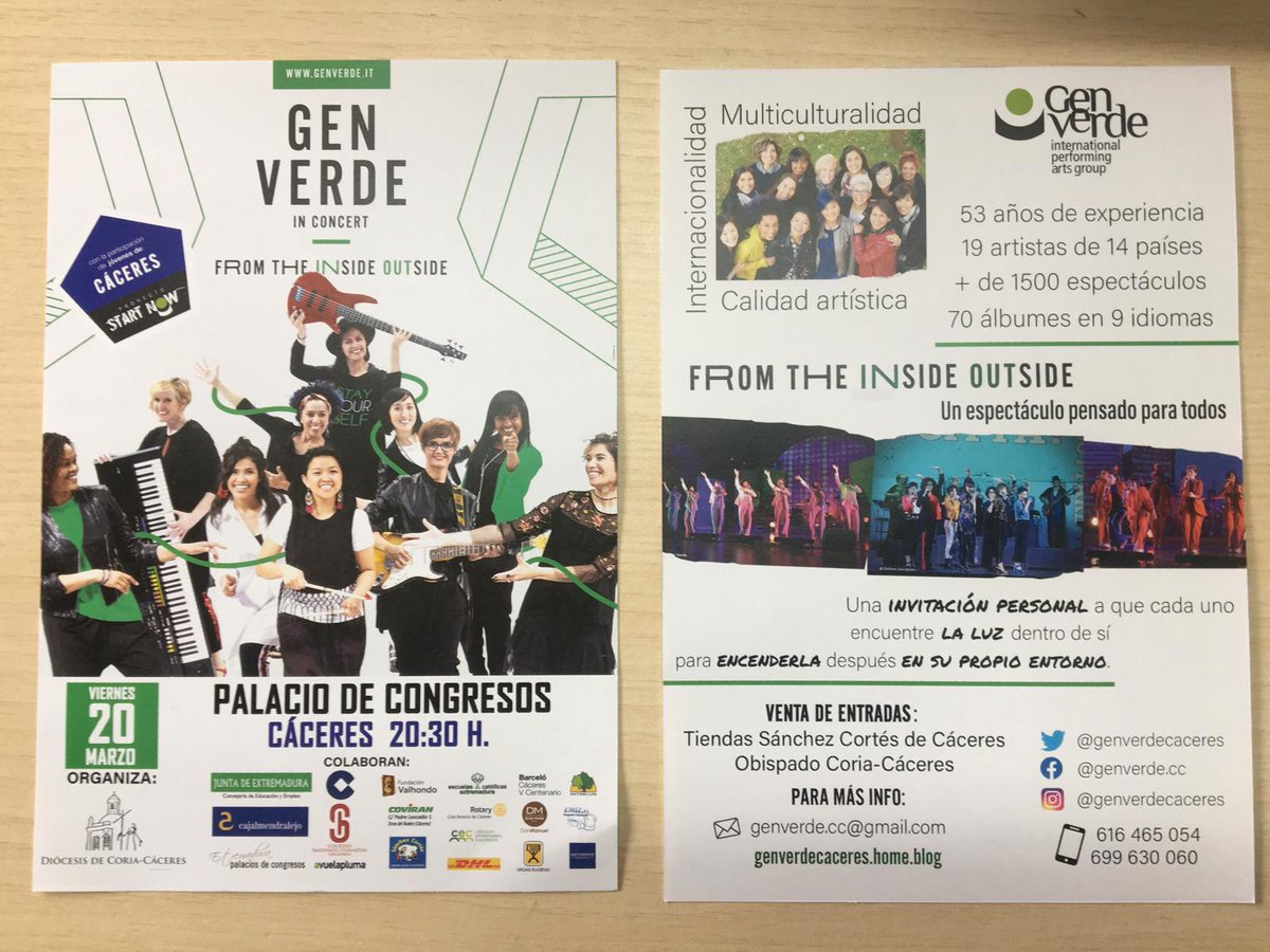 genverdecaceres's tweet photo. Por las calles se empieza a respirar ambiente de
✅#GenVerdeEnCáceres✅ con los carteles gran concierto #FromTheInsideOutside, a dos semanas del mismo: 20 de marzo, 20:30 H., #PalacioCongresos  Entradas a la venta en #SánchezCortés y #Obispado + info
https://t.co/sb4rLumA7U https://t.co/YEQHfXcAuP