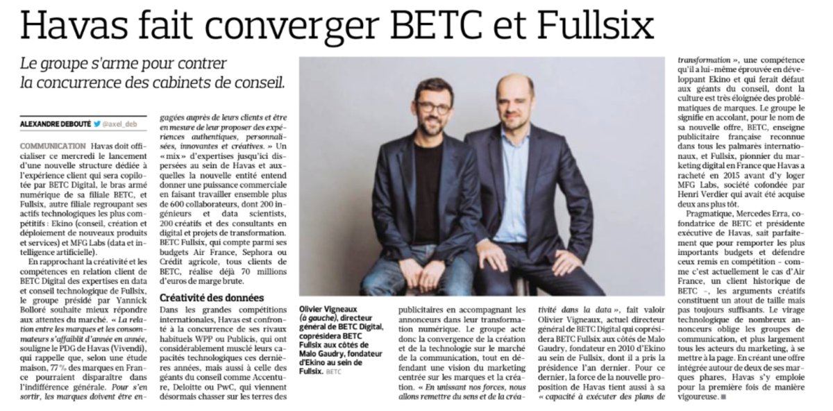 ekino_France's tweet photo. Retrouvez l’article sur les 2 nouveaux Présidents de BETC Fullsix, @malogaudry et @OVigneaux dans le @Figaro d’aujourd’hui par @axel_deb : https://t.co/mNxjKUr5aX
#BETCF6 #digitaltransformation #digital #agenceweb #agencedigitale #tech #innovation #digitalnative #UX https://t.co/R4NsU07zNd
