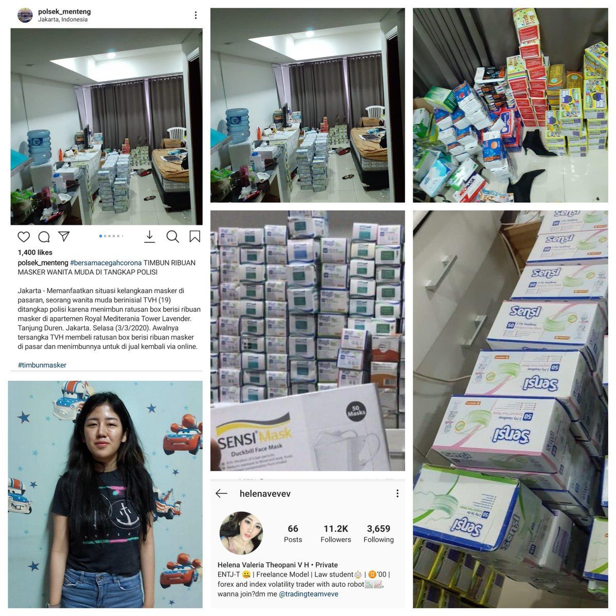 mpuanon's tweet photo. Helena Valeria Theopani ditangkap aparat di Tower Lavender Apartemen Royal Mediterania, Tanjung Duren, Jakarta Barat karena melakukan menimbun #masker untuk dijual secara online dengan harga tidak wajar.

#covid19
#covid19indonesia
#coronavirusindonesia
#sarscov2
#coronavirus https://t.co/BddrPsCCWI