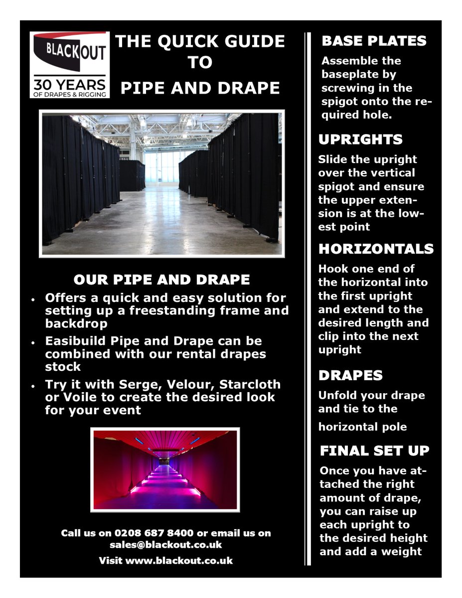 Pipe and Drape is one of our most popular products. Have a look at our quick Pipe &amp; Drape guide. For more info, please visit blackout.co.uk/drapes/easibui…. #pipeanddrape #drapes #woolserge #rigging #eventprofs