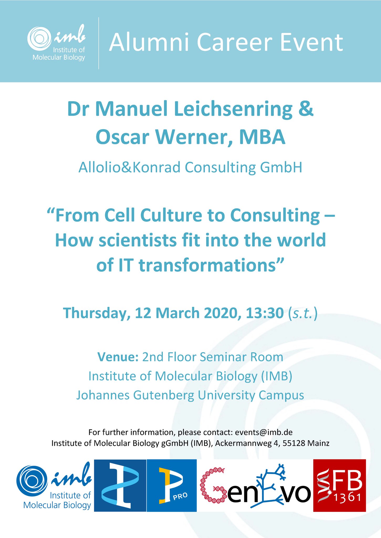 Imb Mainz Save The Date For Our First Alumni Career Event Dr Manuel Leichsenring Ipp Alumnus Will Share His Experiences In His Talk From Cell Culture To Consulting How