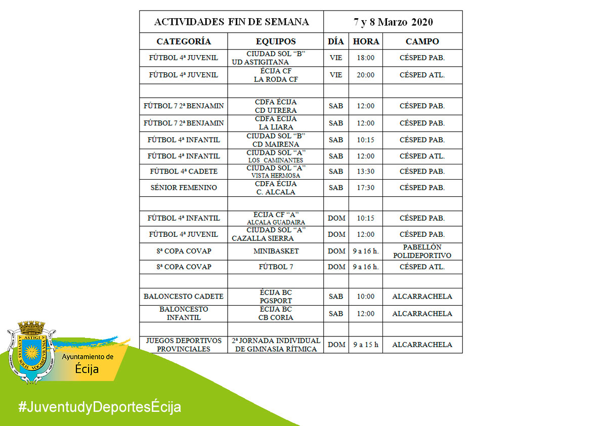 #JuventudyDeportesÉcija

ACTIVIDADES PARA ESTE FIN DE SEMANA ⛹️‍♀️⛹️‍♂️ ⚽️🥅

Este puente tendremos Fútbol durante viernes, sábado y domingo. Baloncesto y Juegos deportivos provinciales el domingo.

No os lo perdáis!!