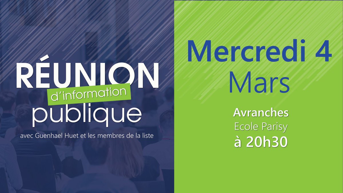 AvranchesC's tweet photo. Rendez-vous ce soir à l'école Parisy à Avranches pour notre réunion d'information publique.

#avranches #saintmartindeschamps #cestvous #elections2020 https://t.co/AearM1tPqk