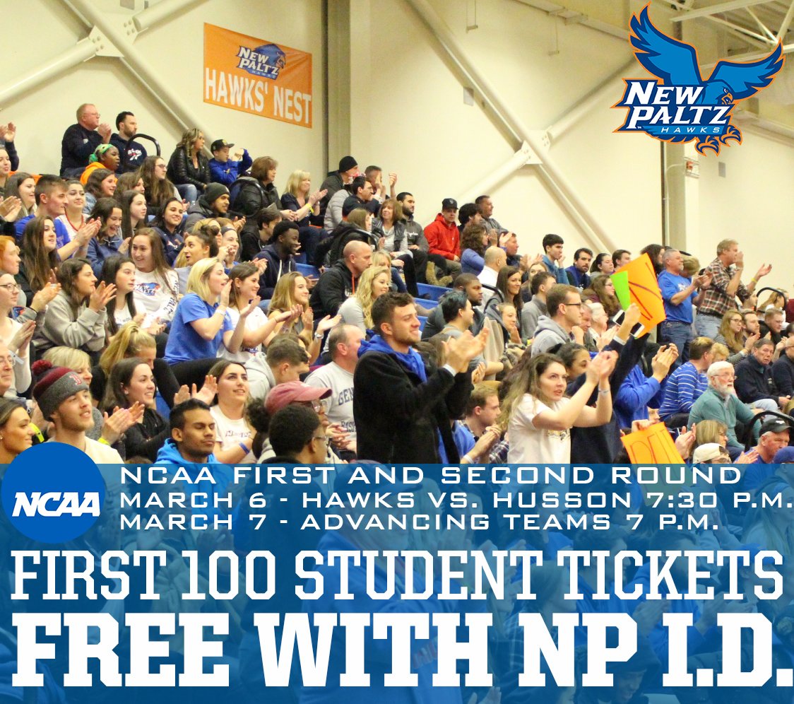 🚨 ATTENTION ALL <a href="/newpaltz/">SUNY New Paltz</a> STUDENTS 🚨
First 100 student tickets with SUNY New Paltz STUDENT I.D. will be FREE of entry Friday for Hawks vs. Husson <a href="/NCAADIII/">NCAA Division III</a> 1st Round Game, and Saturday 2nd Round Game if Hawks advance on!! #NPHawks #NPHawksWBB

DETAILS➡️ bit.ly/2VJQaXG