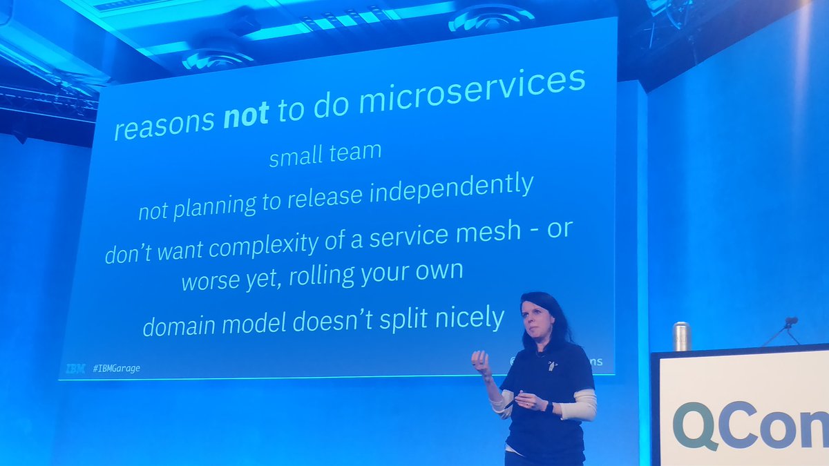 cfhirschorn's tweet image. Reasons for *not* choosing Microservices:
 - small team
 - not planning to release independently
 - don't want complexity of a service mesh - or worse yet, rolling your own
 - Domain Model(s) don't split neatly
.@holly_cummins #QConLondon