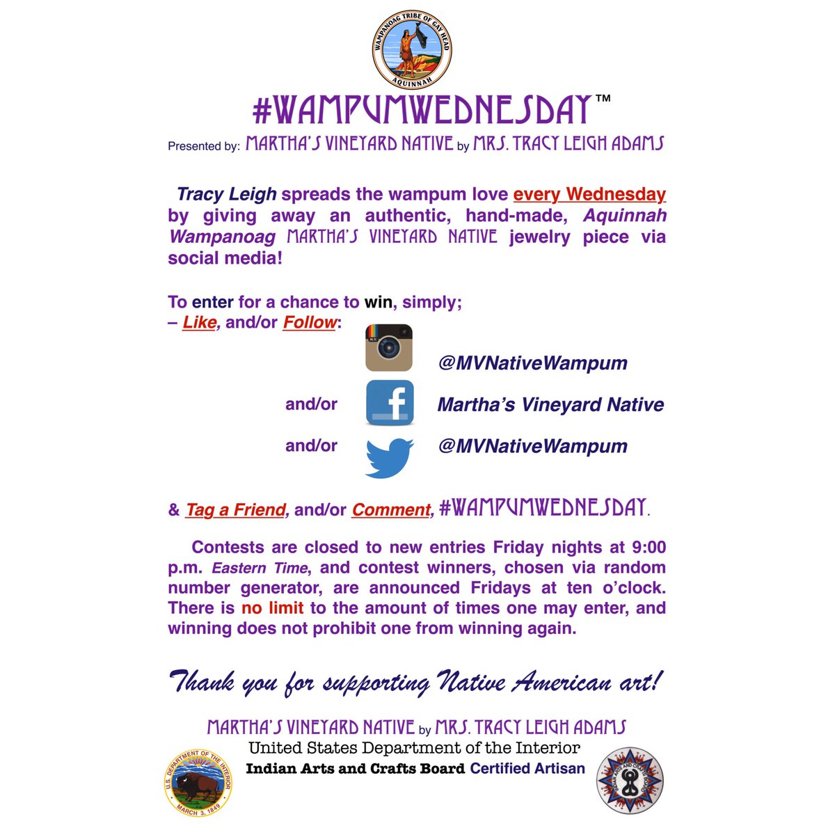 MVNativeWampum's tweet photo. Contest open to #new entries until 9:00 p.m. #Eastern time Friday, and the winner, chosen via #random number generator, is announced Friday night at #ten o'clock.  There is #NoLimit to the number of times one may enter, and winning does not preclude one from #winning again. https://t.co/EmRXnv4HoI