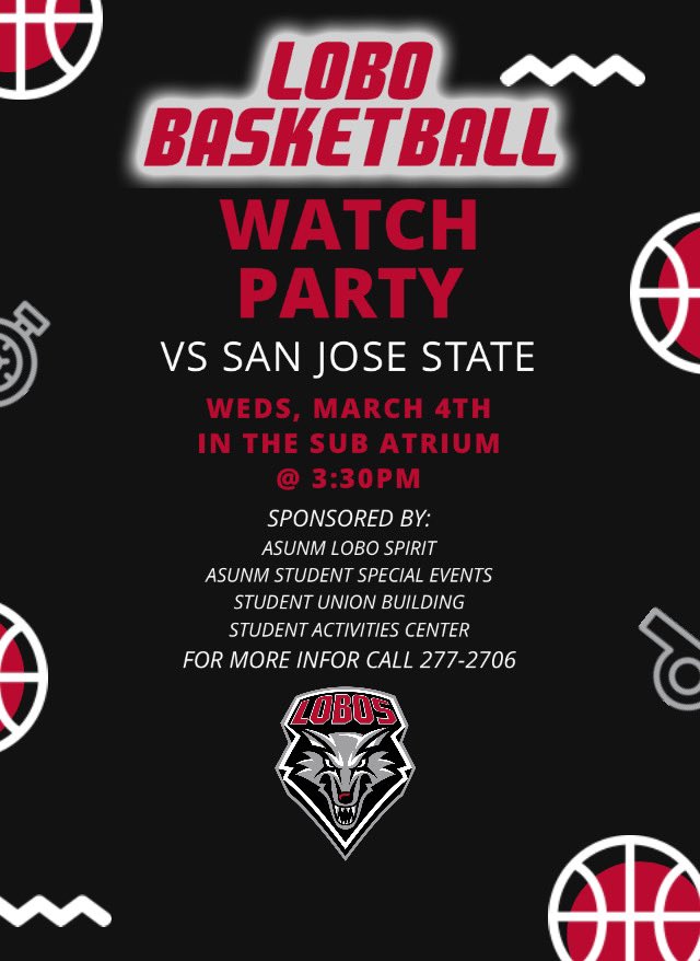 Come to The Sub Atrium @ 3:30 for a watch party for <a href="/UNMLoboMBB/">Lobo Basketball</a> as they face San Jose State in the first round of the Mountain West Conference!!!
