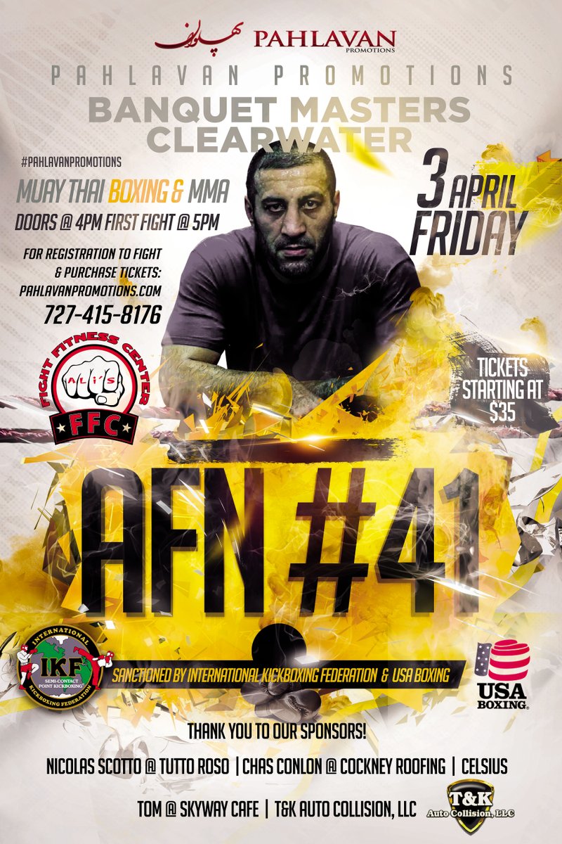 PahlavanFP's tweet photo. 🥊 FRIDAY APRIL 3RD in Clearwater, FL 🥊 Amateur Fight Night #41 | Boxing, Kickboxing, &amp; MMA - https://t.co/9EkuHyx9DG https://t.co/1gjyi0fEYK