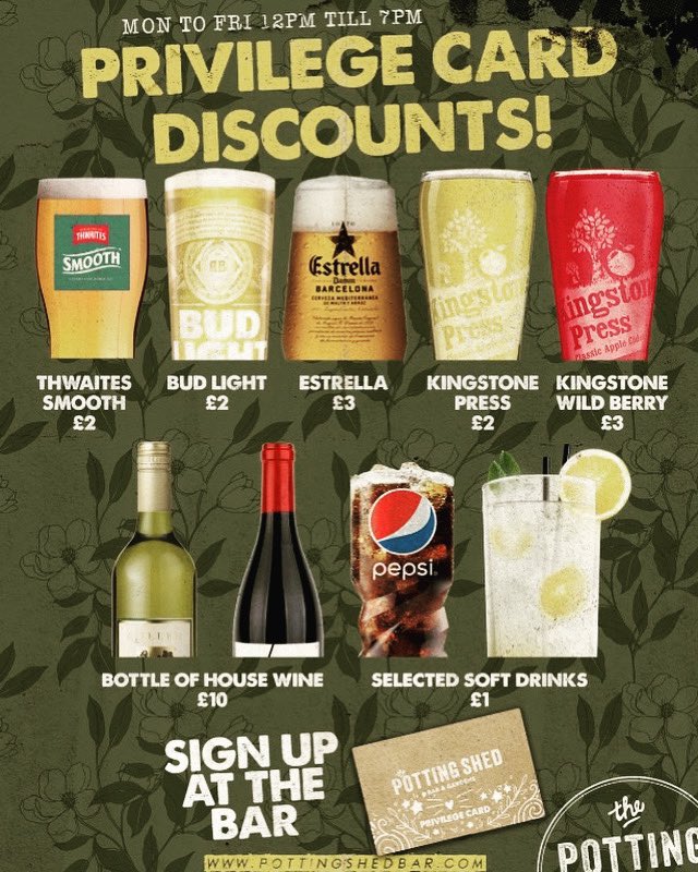Lets get through the week together with some fantastic discount drinks 🍷House bottles of wine just £10 until 7pm tonight🍷Or maybe you fancy a pint of the tasty Kingston wild berry cider for only £3🍇Whatever your tipple we have it all🥳🥳#pottingshed #humpday #pints #wineoclock