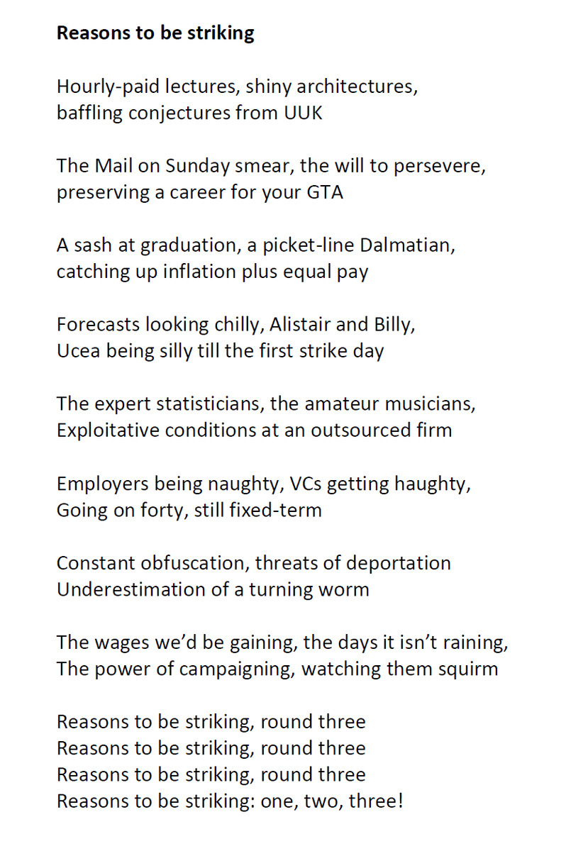 PlacardSticks's tweet photo. REASONS TO BE STRIKING lyrics.

Inspired by @GoldsmithsUCU (see https://t.co/OcMGPpmVRJ) and with the usual apologies to the estate of the artist besmirched.

If anyone out there can manage a credible Dury-alike vocal then please, please go for it. #UCUstrike #UCUStrikesBack https://t.co/886tSrNvOi