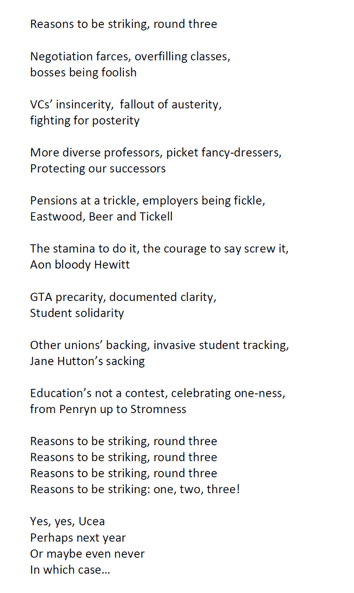 PlacardSticks's tweet photo. REASONS TO BE STRIKING lyrics.

Inspired by @GoldsmithsUCU (see https://t.co/OcMGPpmVRJ) and with the usual apologies to the estate of the artist besmirched.

If anyone out there can manage a credible Dury-alike vocal then please, please go for it. #UCUstrike #UCUStrikesBack https://t.co/886tSrNvOi