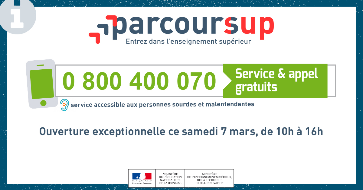 parcoursup_info's tweet photo. 📣 Pour vous accompagner jusqu'au jeudi 12 mars, dernier jour pour formuler vos vœux, le numéro vert #Parcoursup ouvrira exceptionnellement samedi 7 mars de 10 à 16h
et restera ouvert jusqu'à 18h les mercredi 11 et jeudi 12 mars.
📲 Posez toutes vos questions au 0 800 400 070 https://t.co/rje0yTRL98