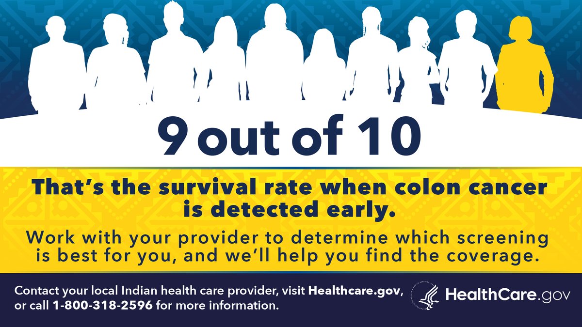 9 out of 10. That's the survival rate when colon cancer is detected early. Work with your provider to determine which screening is best fo ryou, and we'll help you find the coverage.  Contact your local Indian health care provider, visit Healthcare.gov, or call 1-800-318-2596 for more information.