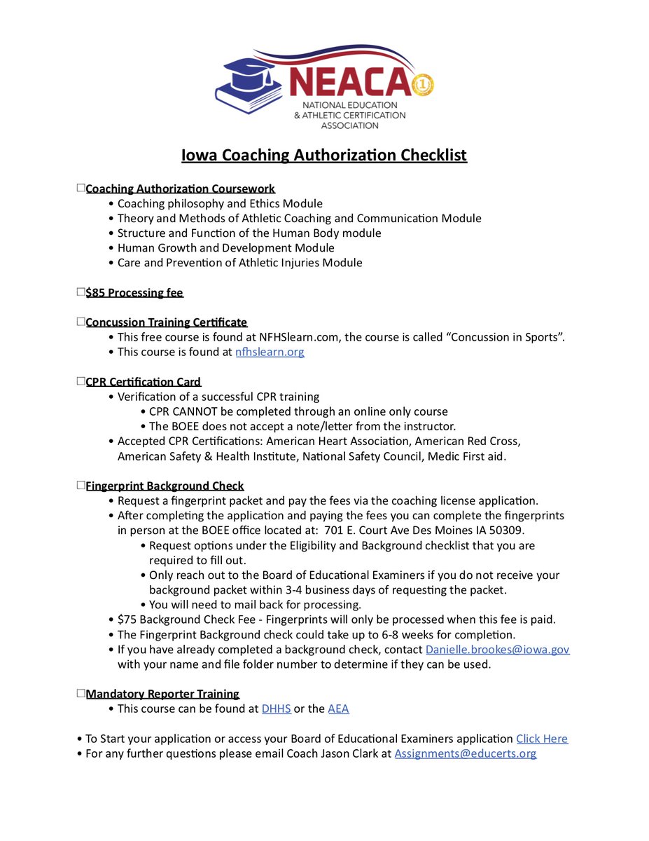 AdminNEACA's tweet photo. Do you know everything it takes to be a coach in the State of Iowa?
Follow our checklist to make sure your coaches are prepared for this upcoming season.
@IowaBOEE @IOWAHSADA
#NEACA #7SecondCoaching #coaching #Iowa https://t.co/9ZEQBnHqEW