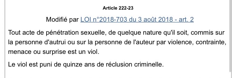 Le viol dans la loi française. Ça concerne pénétration : anale/buccale/vaginale. Que ce soit avec un penis ou tout autre objet/parties du corps.