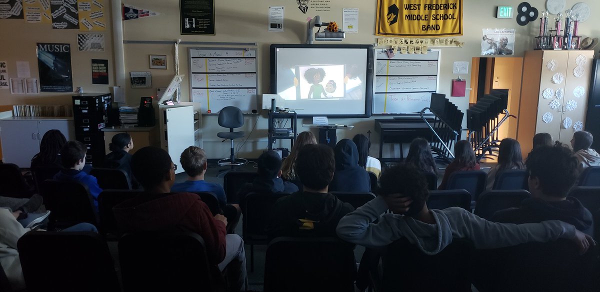 MrLWFMSBand's tweet photo. Sometimes on 2-hour early days I like to step away from Music, and focus on other forms of Art. Today we are viewing @HairLoveShort and discussing what it means to Us. Not a dry eye in the house... #WeAreVPA #WFMSRocks #KidsNotLessons https://t.co/Fo7UrFTKiF