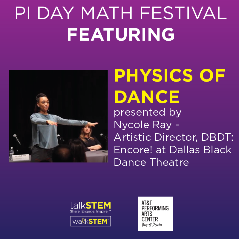 talkingSTEM's tweet photo. We are so excited to host Nycole Ray, Artistic Director at Dallas Black Dance Theatre, with her workshop, the Physics of Dance, at Pi Day Math Festival!
RSVP here: https://t.co/9pHwNNI0bU
@ATTPAC @dallasblkdance #DBDT
#attpactalkstem #piday2020 #dance #physics #stem https://t.co/TK6xDIFppN