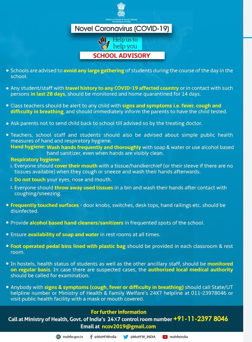 ANI's tweet photo. Ministry of Health &amp; Family Welfare, Government of India issues advisory for schools in view of #CoronaVirus. #COVID19 https://t.co/QZsBa30n3w