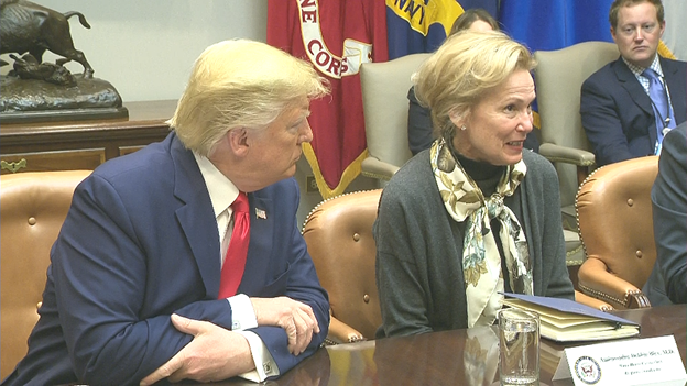 markknoller's tweet photo. Pres says its safe to fly because of airline precautions. Coronavirus Coordinator Dr Debbie Birx (on right), says she's reassured by 3 levels of cleaning used by airlines. Repeated advice about washing hands and not touching face. "I haven't touched by face in weeks," said Trump. https://t.co/RsTCapzxj9
