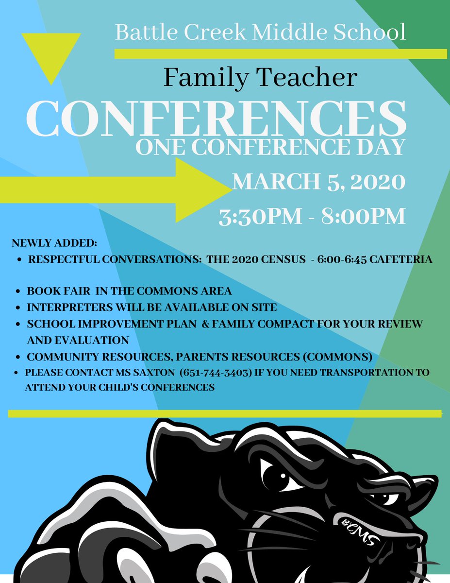 BCMS Conferences are Tomorrow:  Thursday, March 5, 3:30 - 8:00.  Students will lead a conversation about the 2020 Census @ 6:00 in the cafeteria, and there will be a Book Fair in the commons.#thereismore #scip #compactwithparents #joinus