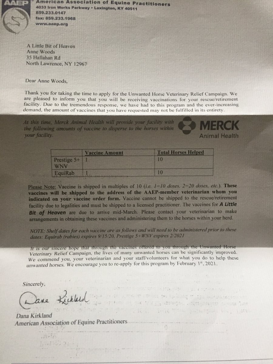 alitbitofheaven's tweet photo. A huge Thank you to The American Association of Equine Practitioners &amp; Merck Animal Health , who accepted our application for the Unwanted Horse Veterinary Relief Campaign &amp; donated us 10 Vaccines for this spring &amp; to our vet who sent us the grant application!

We are so excited! https://t.co/zhVN5mxD4q