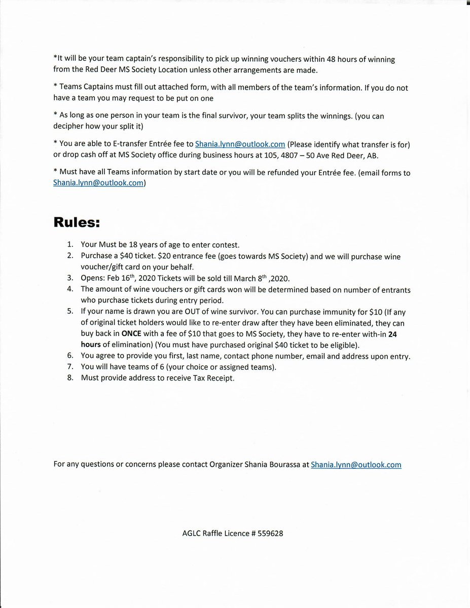 An MS Society community member is putting on a Wine Survivor Fundraiser where all the proceeds are going to the Red Deer MS Society Walk in 2020. ☺️

Details in the photos.