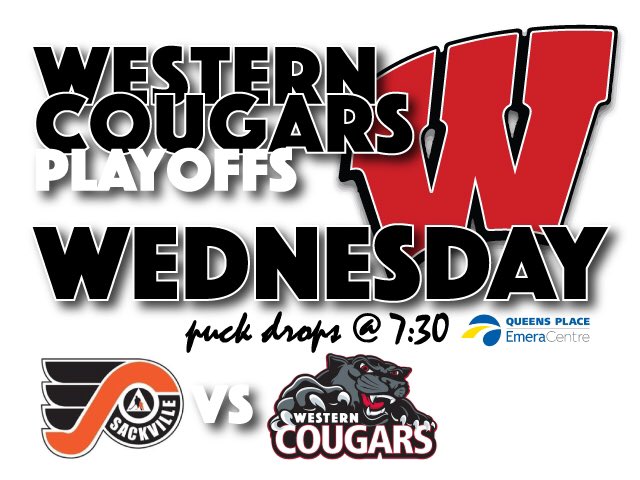 GAME DAY: Our <a href="/WesternCougars/">Western Cougars</a> take the ice tonight for game one of their best of three #NSPWAAA playoff series vs. <a href="/SackvilleHockey/">SMHA Flyers Hockey</a> | Who wants it? #WC