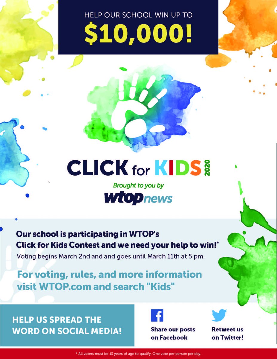 We need YOUR help to win $10,000 for CRES! Rally your neighbors, friends and family to vote for us
today so we can get more technology in our school wtop.com/contests/2020-…     #WTOPClickforKids 

Choose Fairfax
Centre Ridge
Put in information
Click submit