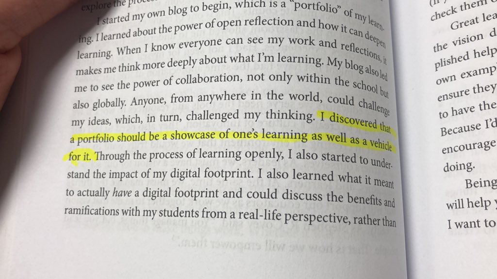 MrBakerRockwall's tweet photo. I think the part that stuck with me was the highlighted passage.  The portfolio can act like a review &amp; or reflection on our learning. I would like to find a coherent way for something like this in APHuGeo. #RHSInnovatorsCh5 https://t.co/joJhWRAq4Q