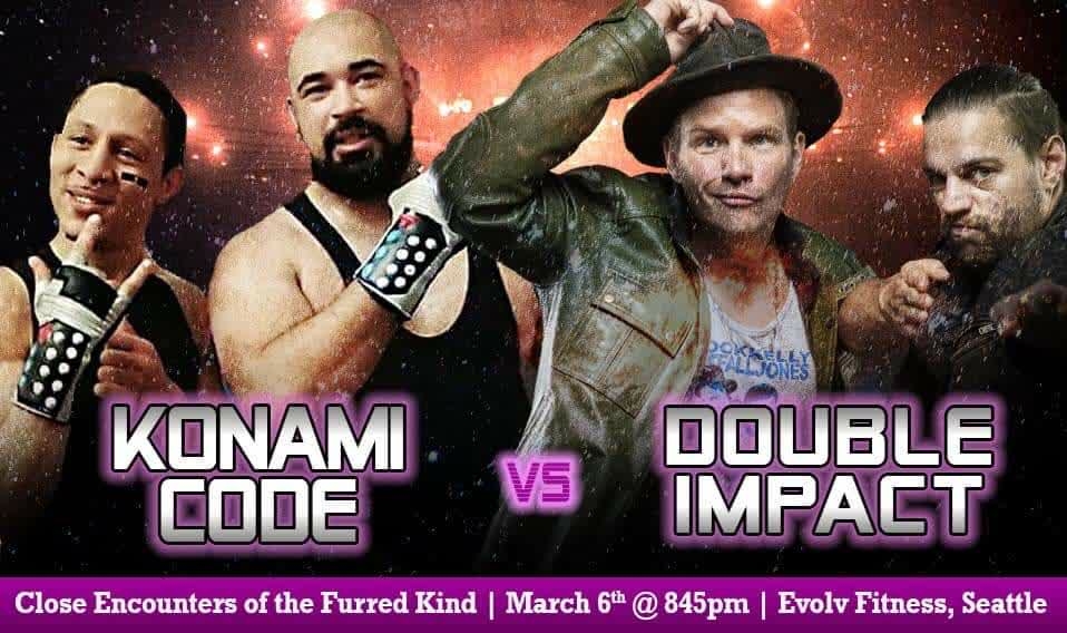 Pitfall Jones & Rook Kelly return to tag team action at 3-2-1 Battle! 'Close Encounters of the Furred Kind' as Double Impact takes on the Konami Code in a first time ever matchup this Friday night!