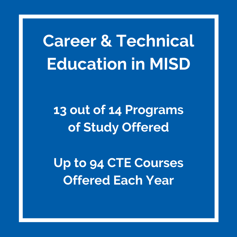Our Career &amp; Technical Education program offers up to 94 courses in 13 programs of study. We align our educational offerings with the projected job market growth in the state of Texas to best prepare our students for their futures. #MISDProud #TexasPublicSchools