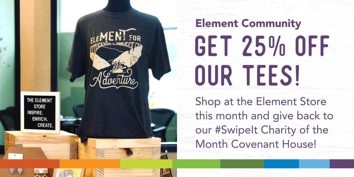 ElementFCU's tweet image. Our #SwipeIt partner of the month is Covenant House!

Stop by the Element Store and pick up an Element Tee at 25% off! All proceeds will benefit our charity of the month!
#WVCraftBanking