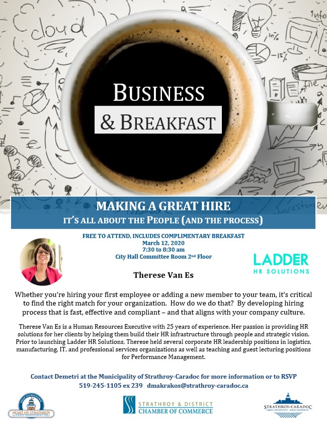 MoSC_EcDev's tweet image. Join us Thursday March 12 for a Business &amp;amp; Breakfast session on Human Resources and the hiring process.

The session is free to attend, with complimentary refreshments and snacks!

RSVP to dmakrakos@strathroy-caradoc.ca