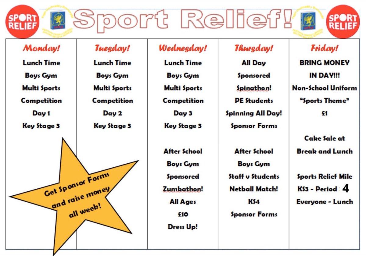TheCyflePE's tweet photo. Sport Relief events for next week at Newtown High School ⚽️🏀🏈⚾️🎱🥏🏉🏐🎾🏓🏸🏏🏑⛳️⛹🏼‍♀️⛹🏼@comicreliefsch @sportrelief https://t.co/6Lwz4UMbQI