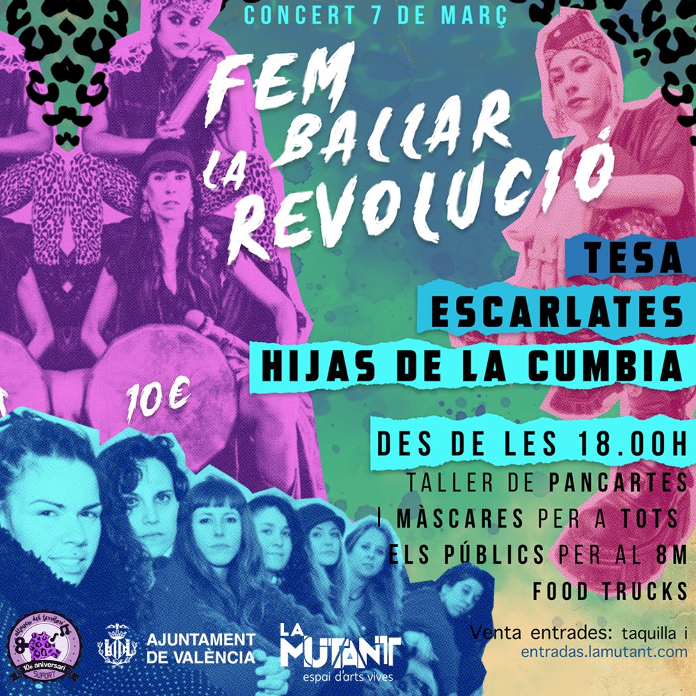 AFORAMENT LIMITAT!! NO ET QUEDES SENSE ENTRADA!!!
Venda d'entrades: 👉👉bit.ly/38Yc397
PREU: 10€ ( Entrada concert + post-party en La Peligro)

🔜El 7 de Març estaran Las Hijas de la Cumbia amb TESA i Escarlates 🎶#femballarlarevolucio 🎶

#FemBallarLaRevolucio
