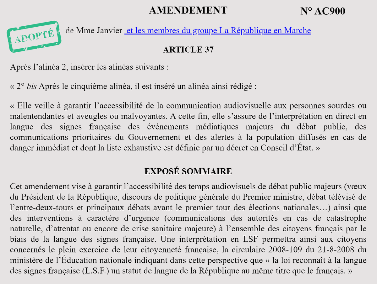 CarolineJanvier's tweet photo. Unanimité ! L'@AN_AfCult a adopté à l'unanimité l'amendement au #PJLAudiovisuel que j'ai porté pour @LaREM_AN ce midi.
Le but ? Traduire en direct en #LSF les points majeurs à la TV : débat d'entre-deux-tours, alertes urgentes (ex : #coronavirus)... Une grande avancée #handicap https://t.co/qHgoxoGm18