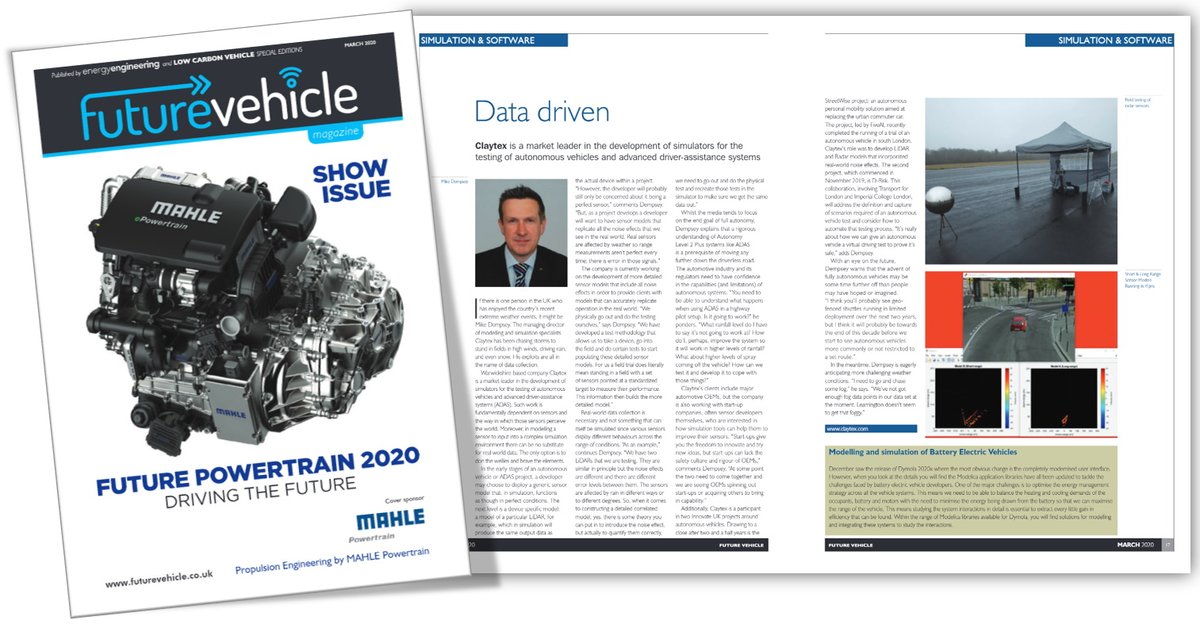 ClaytexDymola's tweet photo. Have you collected your copy of @FP_Conference 2020 'future vehicle' magazine yet?
We invite you to read our Managing Director's interview here:  https://t.co/ghu4rXIZCM
#ElectricVehicles #Battery #AutonomousVehicles #sensors #ADAS #CAV #modellingsoftware https://t.co/HAEUCJlxDS