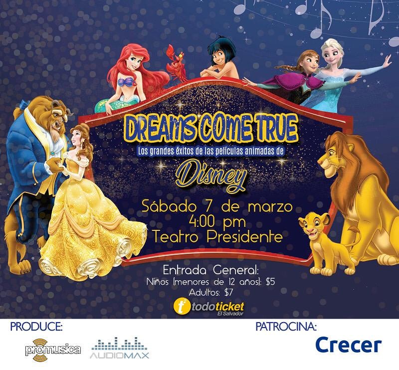 🧚✨❄️🎶🎵🎸🎤🧚#DreamsComeTrue 
Ven y disfruta de un concierto para chicos y grandes, con las canciones de las películas de Disney, revive tu infancia al ritmo de Coco, La Sirenita, toy Story, Frozen y más
Sábado 07 de marzo, Teatro Presidente, 4PM, a la venta en TodoTicket