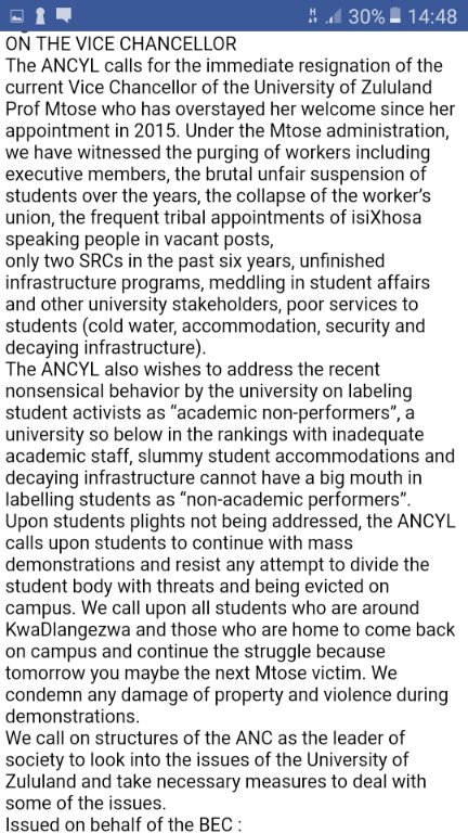 NdumaneMarin's tweet photo. @zimeh_thah Utterances by students leaders:
#Unizulu #MtoseMustfall https://t.co/lt5a5yMAzU