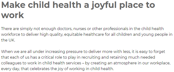 Really important message (amongst a number of really important messages) about positive workplace culture from <a href="/RCPCHtweets/">RCPCH</a> State of Child Health in the UK report...  

(source: stateofchildhealth.rcpch.ac.uk/key-priorities…)