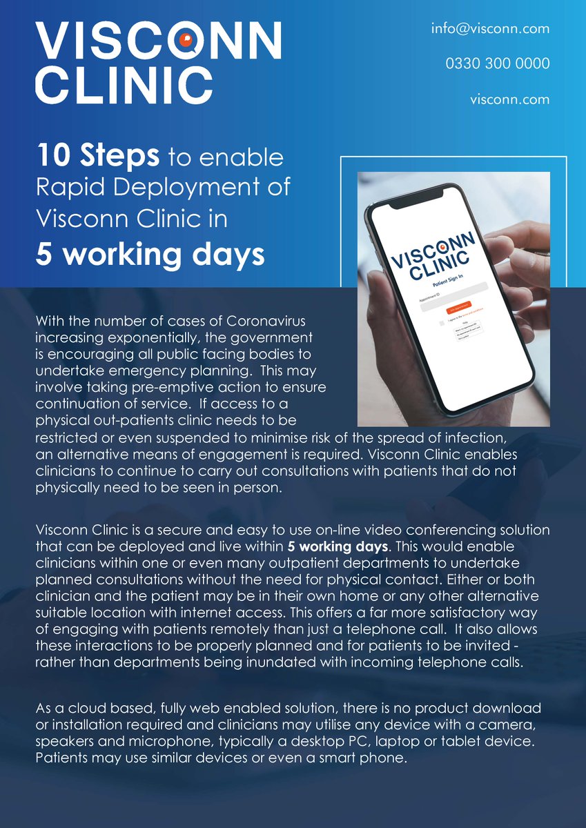 VisconnClinic's tweet photo. Hospitals are being asked to carry out more video-based consultations of patients to reduce the risk of spreading the #coronavirus

We can get Visconn Clinic deployed within 5 working days, enabling you to provide #digitalconsultations. 

https://t.co/cQQQ1VKE1b https://t.co/Rm26Mx61gy